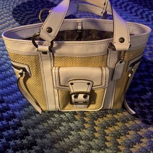 Coach Legacy White Leather Woven Straw Purse